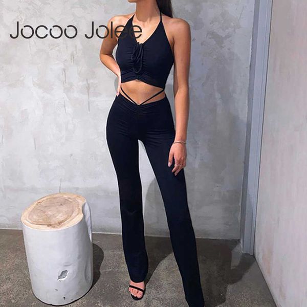 

jocoo jolee women summer suit halter backless vest solid and bandage high waist skinny trousers two piece set 210619, White