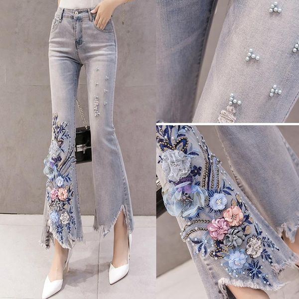 

women's pants & capris summer spring casual korea womens high waisted embroidery floral irregular tassel denim trousers , woman pearls, Black;white