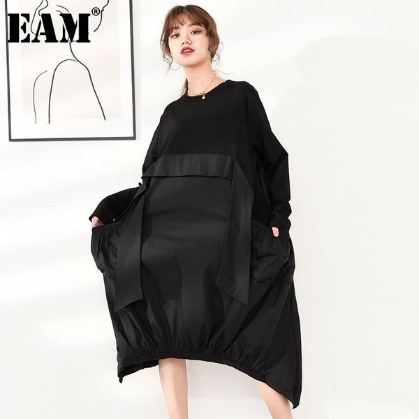 

[eam] women black irregular bandage big size dress round neck long sleeve loose fit fashion tide spring autumn 2021 1da25901 casual dresses, Black;gray