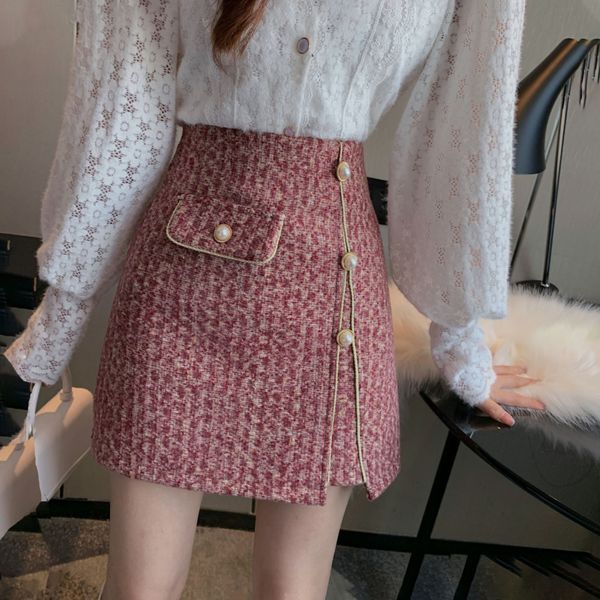 

skirts women spring pearl button mini pencil plaid of korean wool high waist tweed ladies skirt 2bag, Black