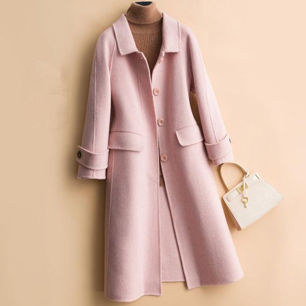 

women's wool & blends autumn winter elegant office lady long double sided jacket women 4 color overcoat sleeve coat female, Black