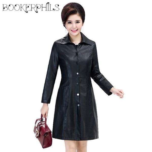 

women's leather & faux 2021 jacket women autumn winter plus size single breasted coat female long trench outerwear 6xl, Black