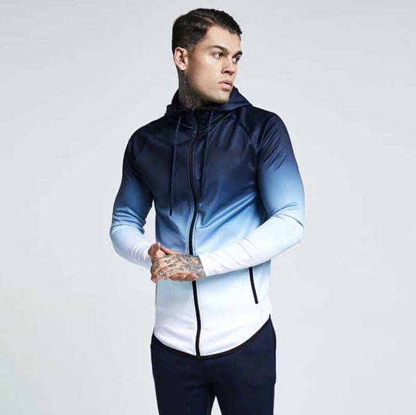 

european style tracksuits men's sports fitness elastic hoodie gradient printed sweater, Gray