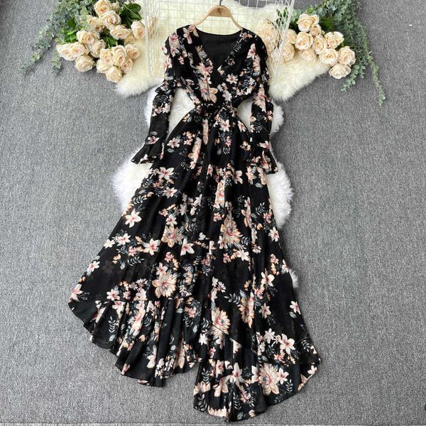 

bohemian women irregular chiffon long dress v-neck draped maxi vestidos female flare sleeve high waist robe spring summer y0603, Black;gray