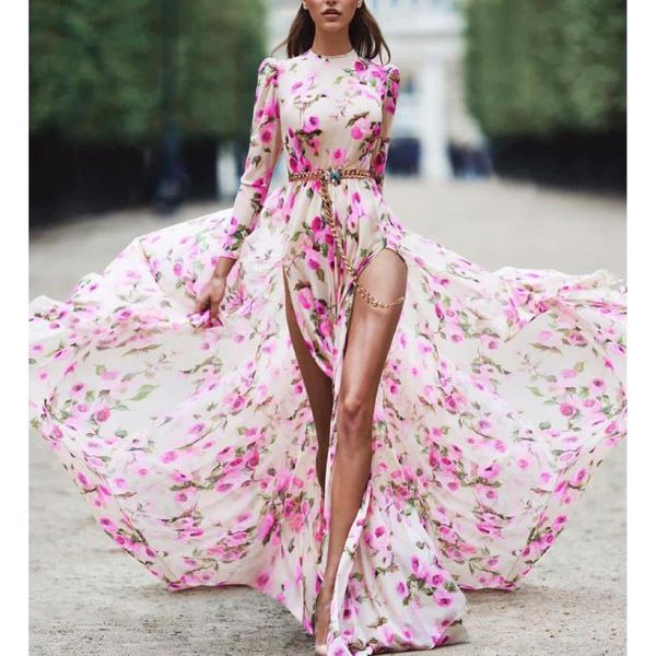 

casual dresses ladies dress slim fashion flower print split long sleeve summer unique design prom vestidos wrap sundress robe, Black;gray