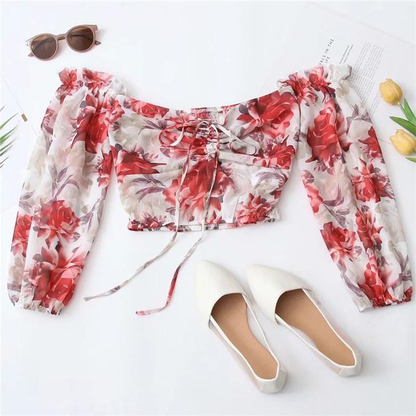 

women's blouses & shirts merodi lady slash neck long lantern sleeve red flower print short blosue girls fashion front drawstring elasti, White