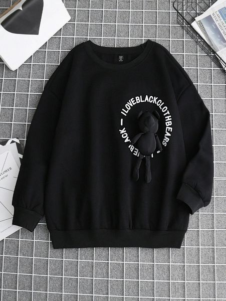 

plus bear patched slogan graphic thermal pullover l5yn#, Black