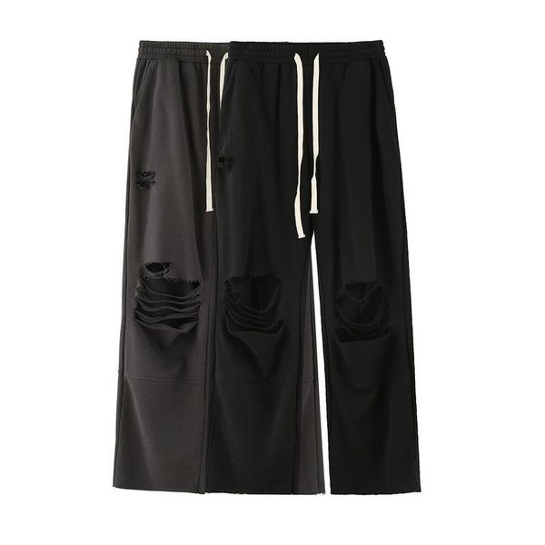 

high street beggars ro hole sweatpants knife cut straight loose pants terry hip hop casual streetwear men's, Black