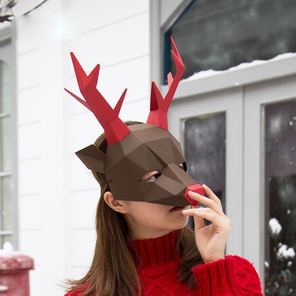 Maskottchenpuppenkostüm 3D-Papierform Tiergesicht Elch Hirschkopf Maske Kopfbedeckung Halloween Requisiten Frau Männer Party Rollenspiel Dress Up DIY Bastelmaske