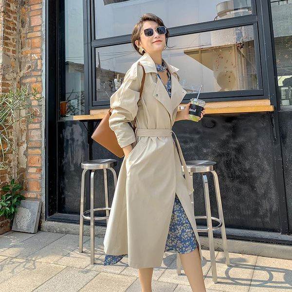 

women's trench coats autumn winter women coat wasitbelt slim oversize female outwear fashion casual chic windbreaker, Tan;black