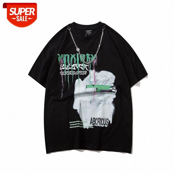 

american high street basic old printed round neck t-shirt loose melting character print short-sleeved tee male #p23f, White;black