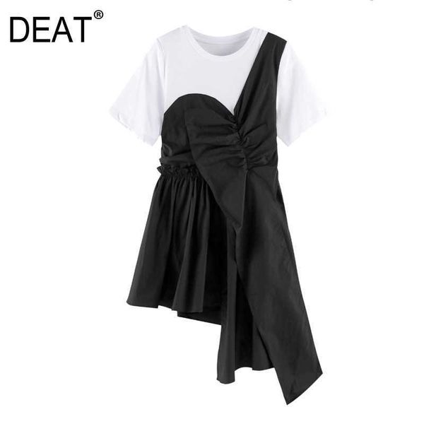 

[deat] summer fashion round neck high waist knee-length asymmetry short sleeve splicing dress women 13d050 210527, Black;gray