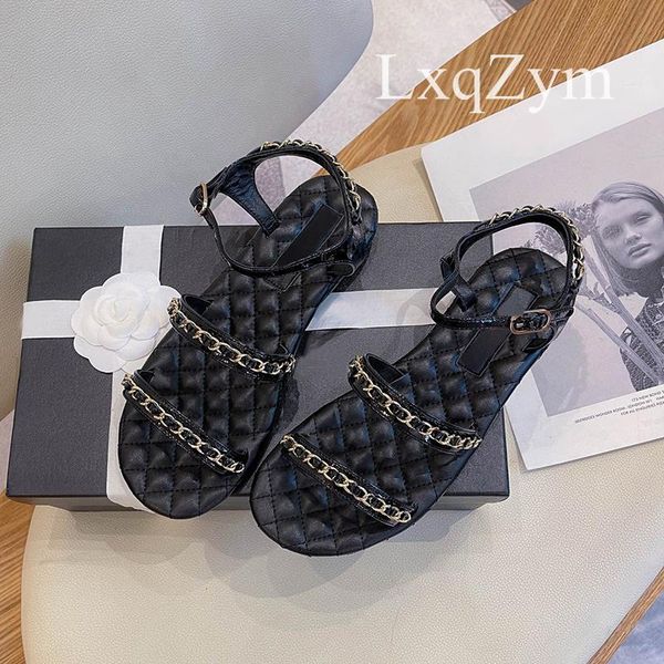 

sandals women luxury metal buckle shoes chain decor genuine leather flip-flop ankle strap for, Black