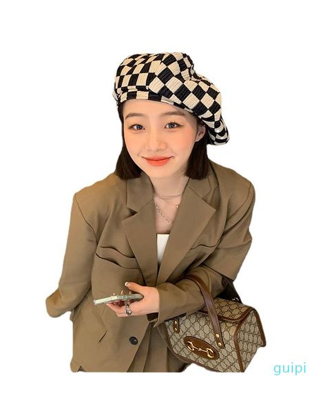 

beanie/skull caps chessboard fashion beret women 2021 spring and autumn tide, Blue;gray