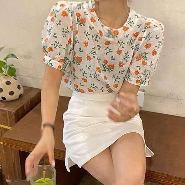 

women's blouses & shirts korean style puff slevee floral blouse summer square collar women short designer spring casual one-piece clot, White