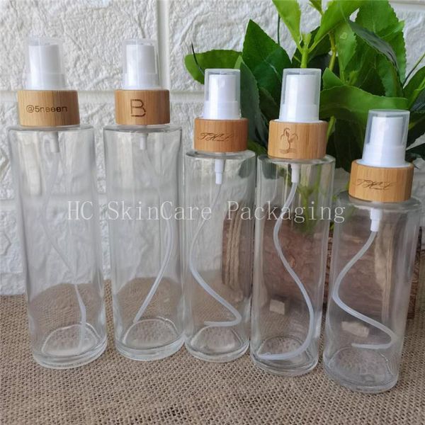 

storage bottles & jars 100ml 120ml 150ml clear glass pump lotion bottle flat shoulder spray eco-friendly bamboo cover lid