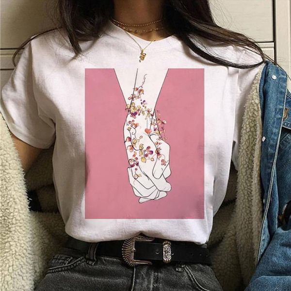 

hands with floral print women harajuku tee short sleeve graphic cute, White