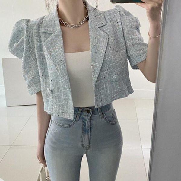 

women's jackets korean style chic elegant retro summer short sleeve tweed jacket puff cardigan sweet coat crop female, Black;brown