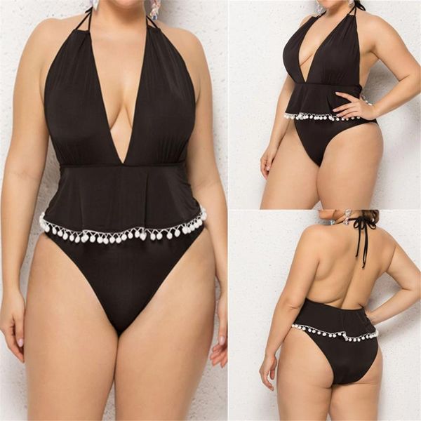 

women plus size bikini set pure black hem high waisted one piece swimwear push-up pad swimsuit one-piece suits
