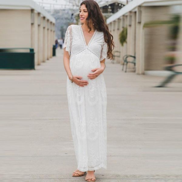 

summer dress for women 2021 pregnants pography props short sleeve maternity dresses solid lace robe femme, White