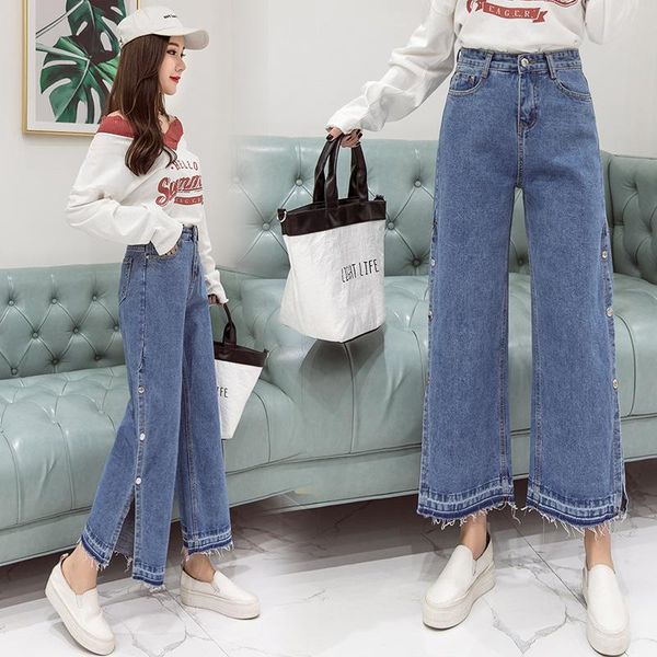 

women's pants & capris clothing 2021 plus size side slit wide leg women temperament high waist slim tassel nine points jeans, Black;white