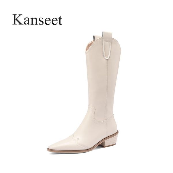 

kanseet women knee-high boots shoes square toe zipper long mid heel spring autumn black beige brown plus size 43