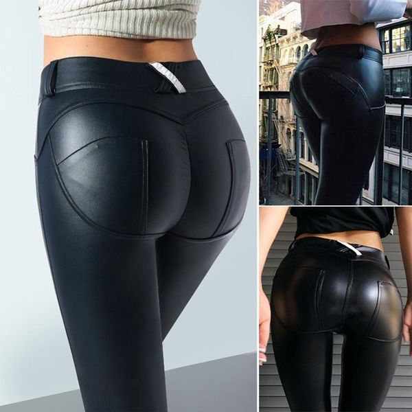 

women's leggings pu leather pants elastic waistline hips push up casual skinny pencil black