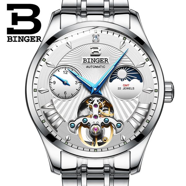 

switzerland mechanical watches men binger rol luxe mark skelet pols sapphire waterproof b-1186, Slivery;brown