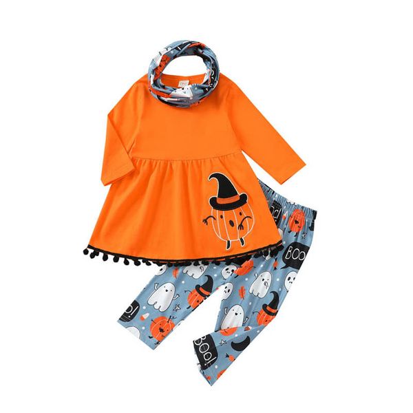 

kids clothing sets girls outfits baby clothes children suits spring autumn long-sleeved trouser halloween cartoon print cute dress scarf 3pc, White