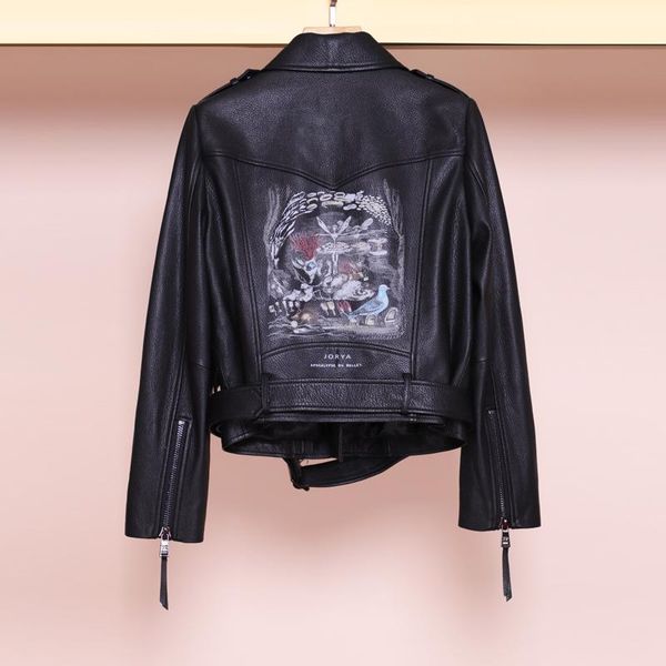 

women's leather & faux fashion brand punk style graffiti pattern pu jacket female street zipper f1049 dropship, Black