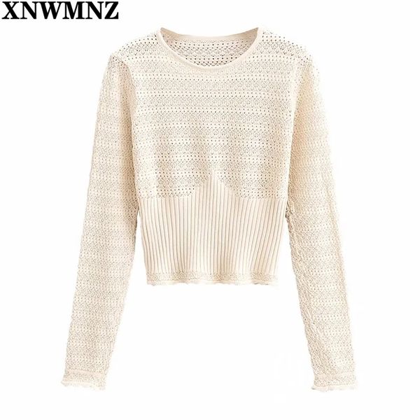 

women knit fashion jacquard mesh cropped knitted sweater vintage o-neck long sleeve female pullovers chic 210520, White;black