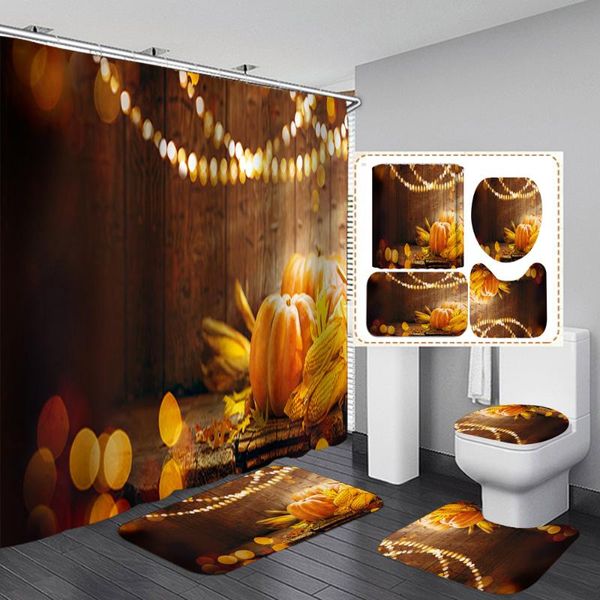 

pumpkin print bathroom curtains set halloween shower curtain waterproof autumn farmhouse non-slip rugs party home decor