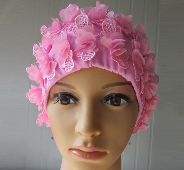 

flowers design pink swimming cap protect ears hair bathing hat personalized three-dimensional petal swim pool caps