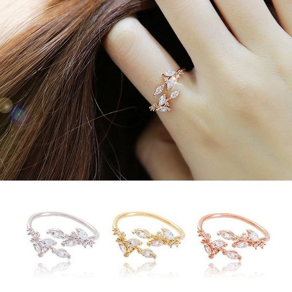 

cluster rings fashion leaf rose gold zircon ring for girl women yellow gemstone wedding 925 sterling silver color, Golden;silver