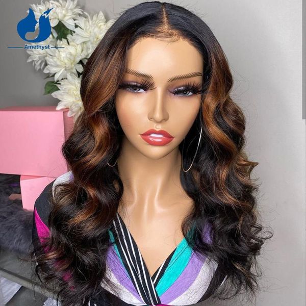 

amethyst highlight brown human hair lace front wigs brazilian remy ombre wavy 13x4 glueless, Black;brown