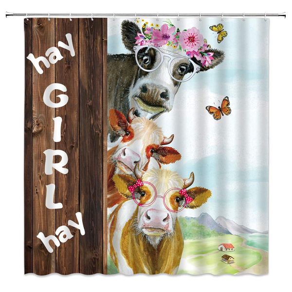 

farm cow shower curtain funny farmhouse animal mill cow cattle with glasses flowers butterfly rustic wood board fabric bathroom