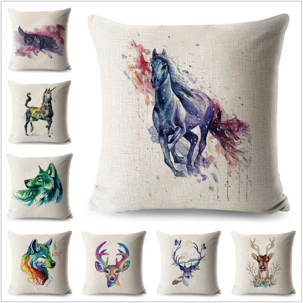 

cushion/decorative pillow watercolor horse cushion cover decorative cartoon colorful wolf deer animals pillowcase for sofa home polyester ca