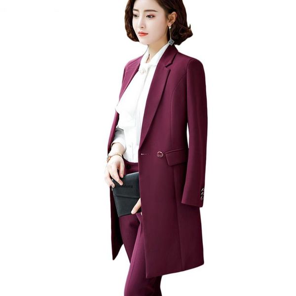 

women's suits & blazers 2021 winter women long blazer elegant sleeve formal for office lady black blue red coat + pants or a skirt, White;black
