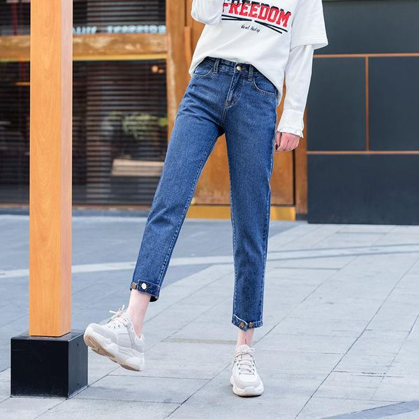 

women's jeans 2021 denim pants cropped trousers copper buttons high waist, Blue