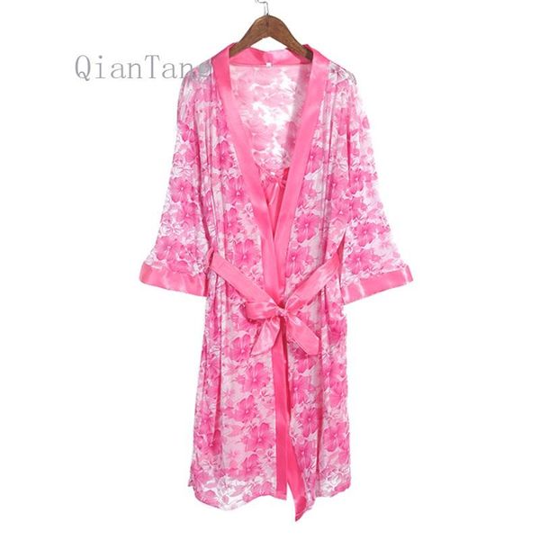 

women's sleepwear women rayon print robe sets 2pcs strap nightgown bathrobe gown loose half sleeve bride kimono dressing casual, Black;red