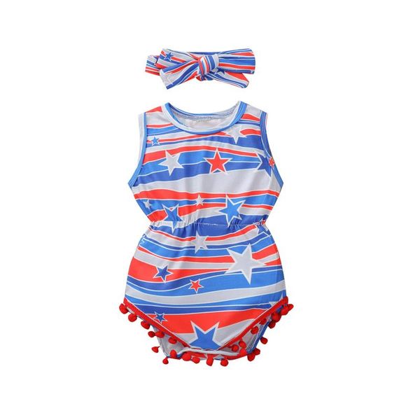 

born baby girl boy romper sleeveless bodysuit with headband 2pcs independence day outfit summer rompers, Blue