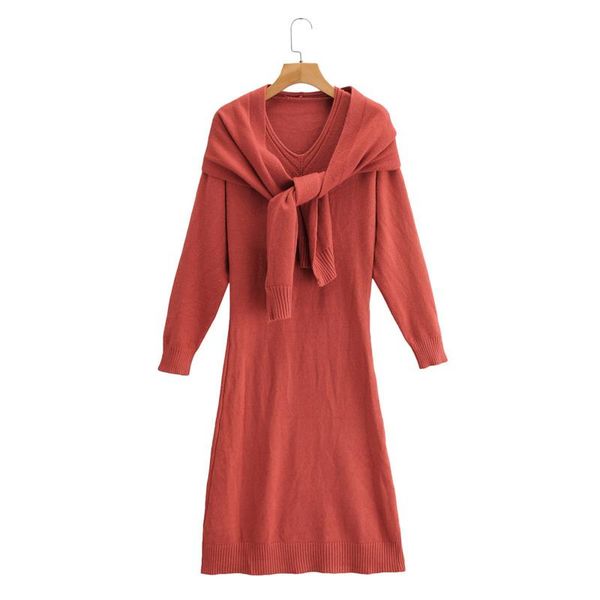 

women's tracksuits [deat] 2021 spring autumn fashion tide women solid color long sleeve v-neck knitting dress casual scarf suit 13u899, Gray