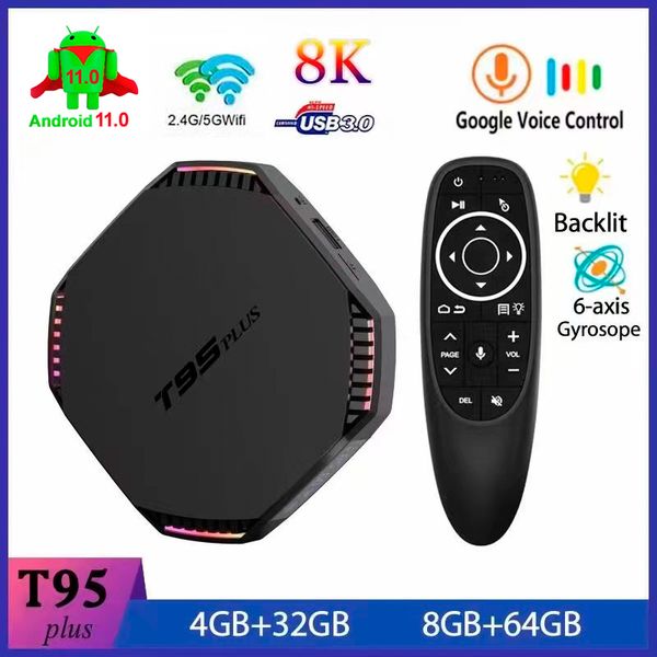 

8g ram 64gb android 11 tv box rk3566 quad core dual wifi 2.4g/5g 8k media player with google voice assistant remote control t95 plus
