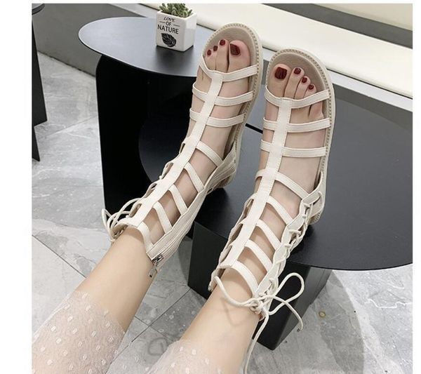 

sandals open toe women flat cross strappy ladies shoes summer ankle strap roman beach big size flip flops, Black