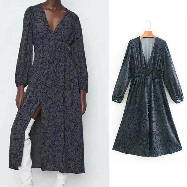 

women 2021 autumn chic fashion print knee-length dress vintage v neck long sleeve female dresses vestidos mujer casual, Black;gray