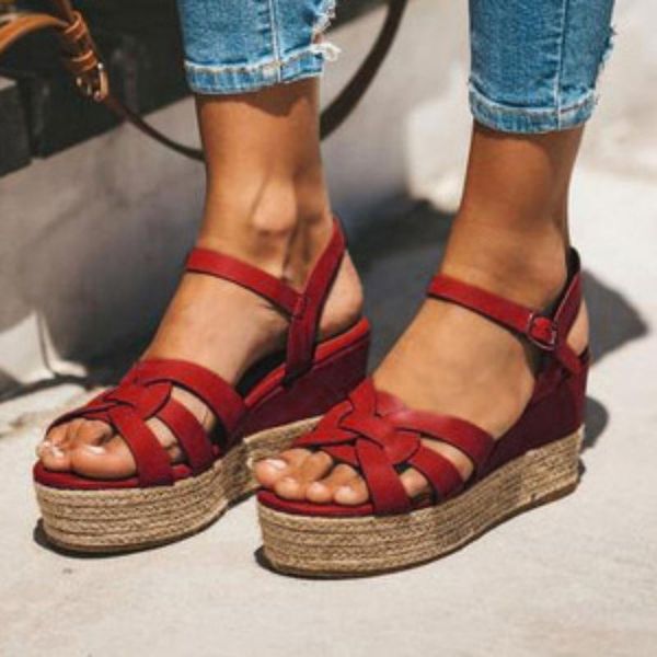 

sandals large size rope straw woven hollow women's wedge roman shoes, Black