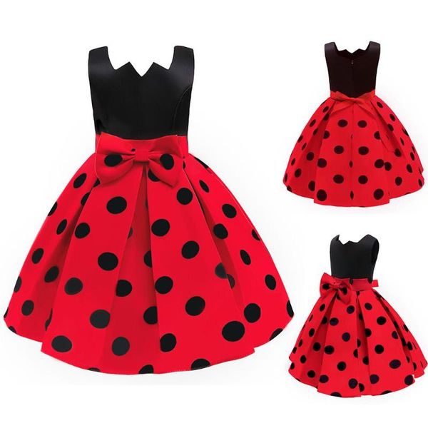 

girl's dresses kids girls summer retro polka dot print irregular neck sleeveless swing dress wedding party princess gown, Red;yellow