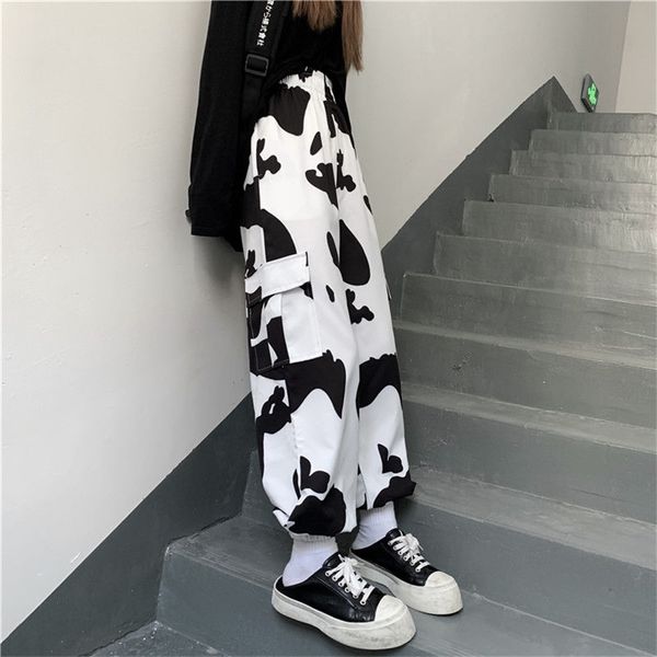 Houzhou vaca Imprimir Largo Perna Pant Calças de Carga Mulheres Oversize Harajuku Moda Coreana Streetwear Calças Reta para Palazzo 210925