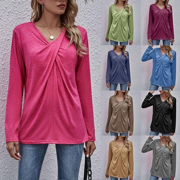 

women t-shirt loose v-neck kink solid long sleeve shirts pullover female tee women's, White