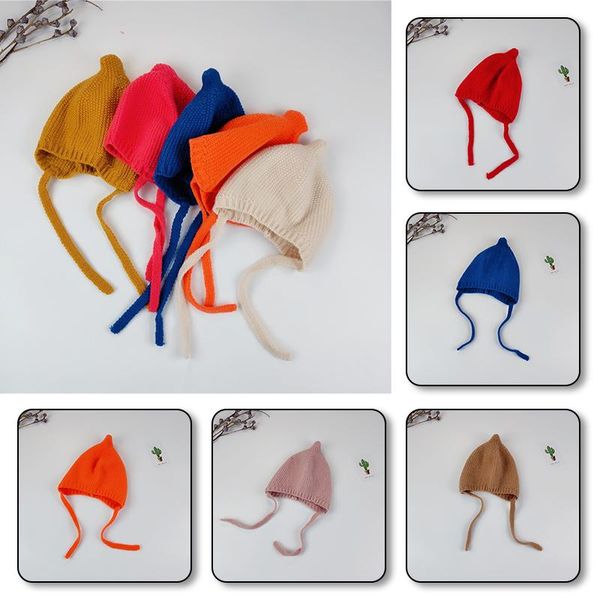 

caps & hats cute baby bonnet hat warm knitted kids girl boy autumn winter solid color lacing children toddler beanie cap, Yellow